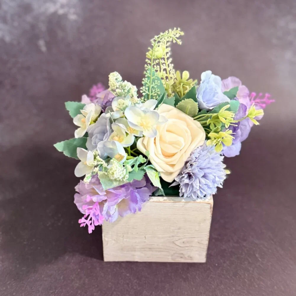 Faux Floral Arrangement in Rustic Wooden Box – Home or Office Decor
